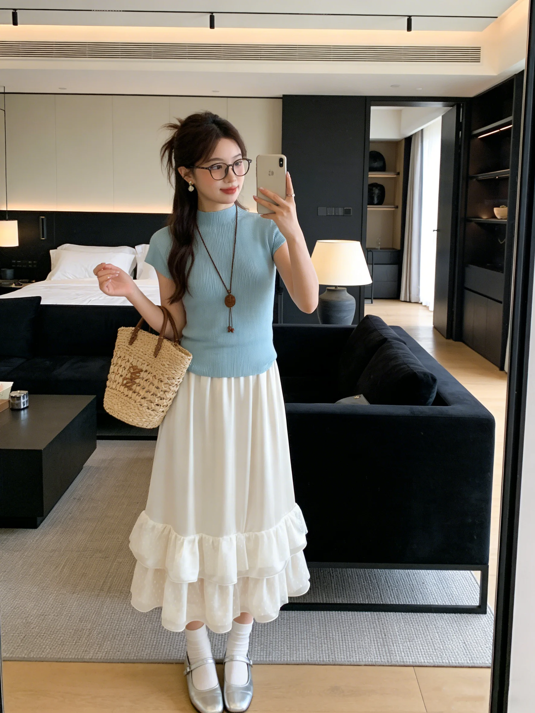 

Korean Sle Dual Layered A-Line Cake Skirt Breathable Me Draped f-length Slimming Springtime Sweet High Waist Gown