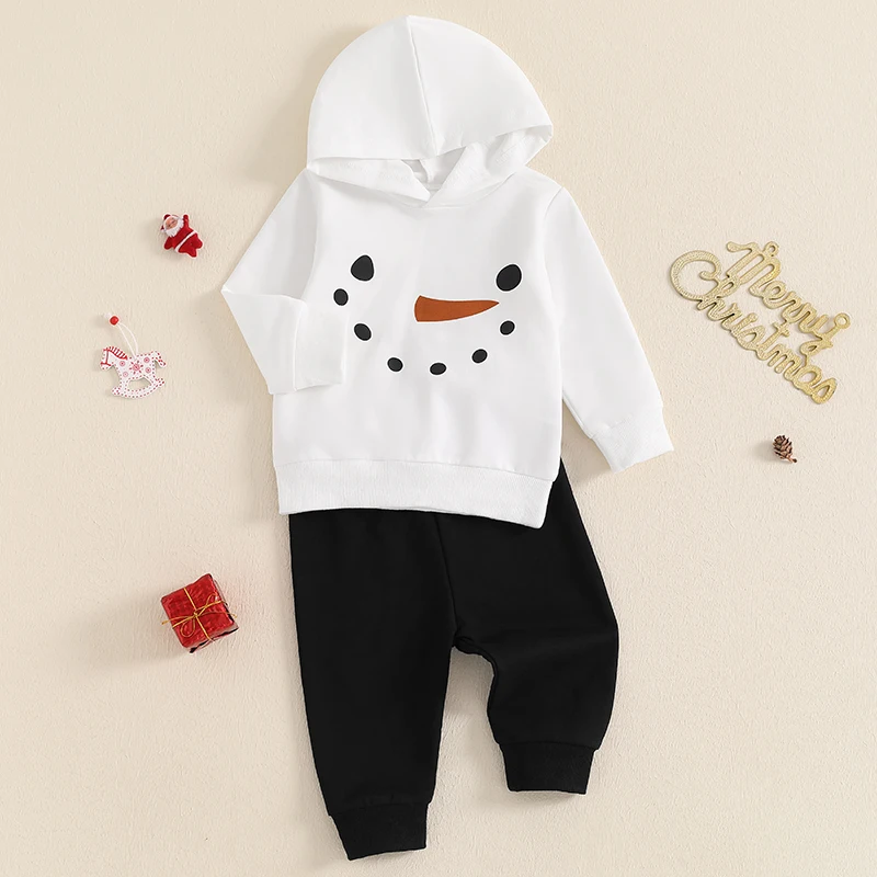 Conjunto navideño para niños pequeños, Sudadera de manga larga con capucha y estampado de muñeco de nieve, pantalones largos con cordón, trajes