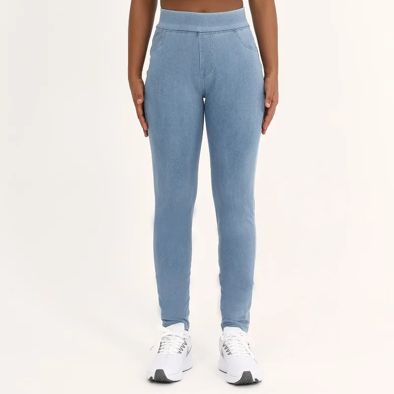 

High Waisted Dual Pocket Denim Yoga Leggings Women Skinny High Elastic Sports Leggings Outerwear Fitness Nine Point Yoga Pants