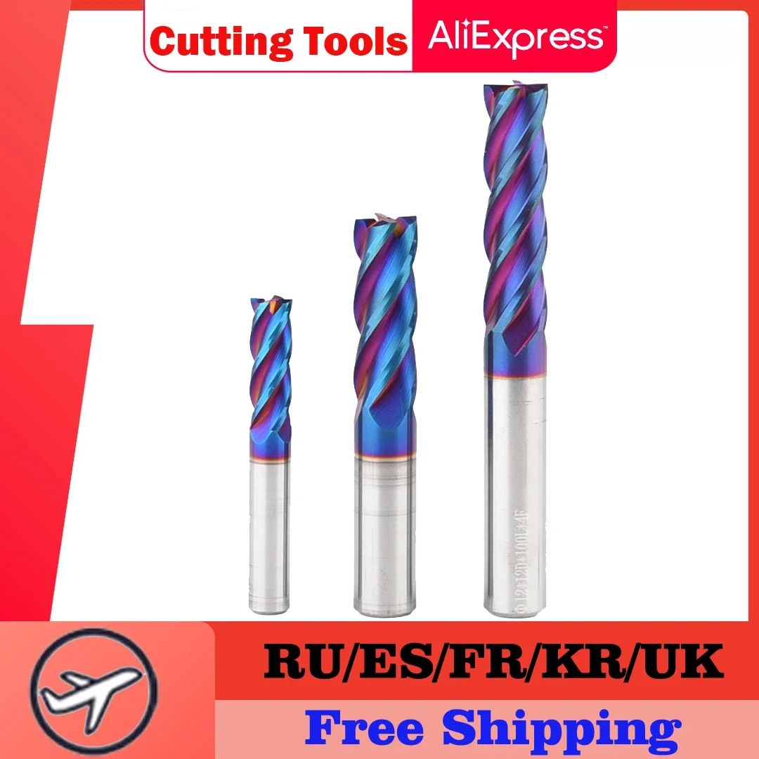 

HRC65 End Mills CNC Cutting Tools Carbide Flat End Mill Tungsten Cutter 4 Flute Metal Steel Machining Tool Bit 4 Shank