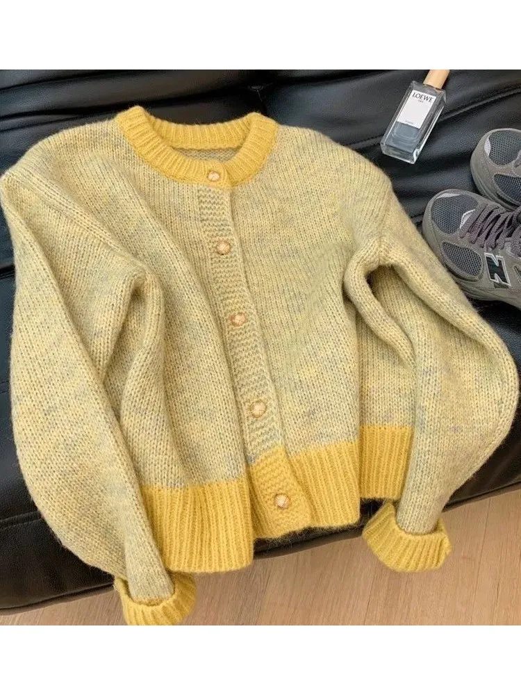 

Cardigans Coats Sweaters Winter Clothes Woman Pulls Femmes Contrast Knitted Simple Style All-match Casual Temperament Round Neck