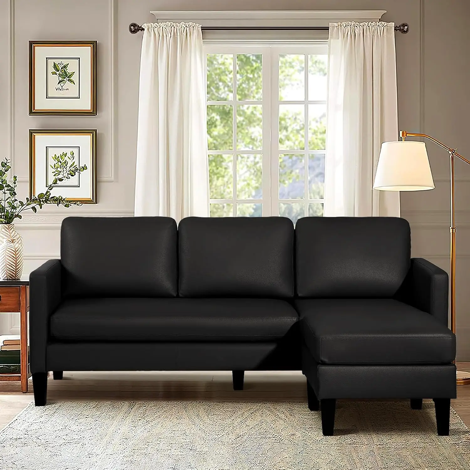 Faux Leather Sectional Sofa L Shaped 3 Seater Convertible Couch Reversible Chaise Small Spaces Apartment Black, Customized