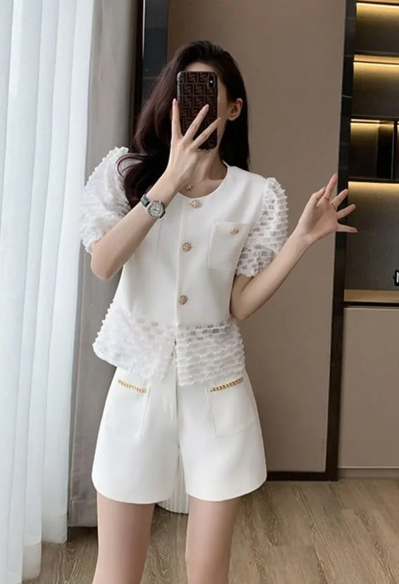 Clothes Womens Short Pants Set Summer Sleeve 2024 White Blazers and Shorts Suits for Women Trends New in Kit Features Matching