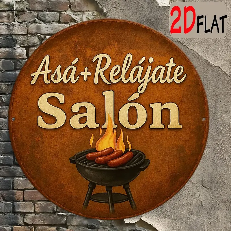 Placa Plana 2D - Design Redondo de Chama de Churrasqueira em Alumínio para Exterior 20x20 cm com Texto “Asá+Relájate Salón”, Perfeita para Decoração de Festas e Presente