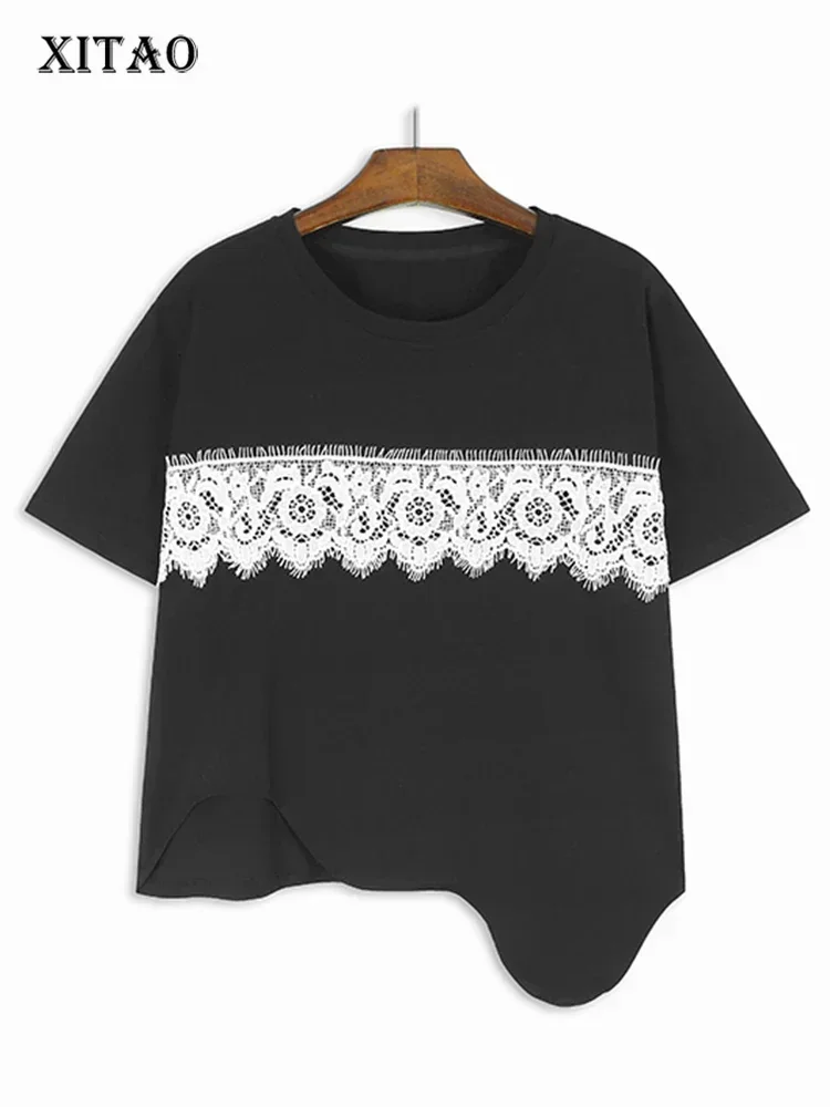 

XITAO Lace Patchwork Irregular T-shirt O-neck Short Sleeve Loose Casual All-match Personality Summer Women New Top GJ1058