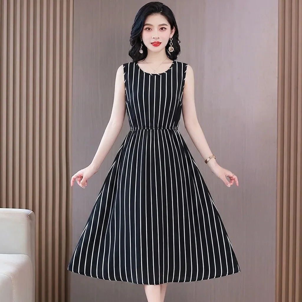 

Elegant Mid-Length Sleeveless Striped Dress Women's Waist-Cinching Slimming plus Size Casual round Neck Polyester Fiber
