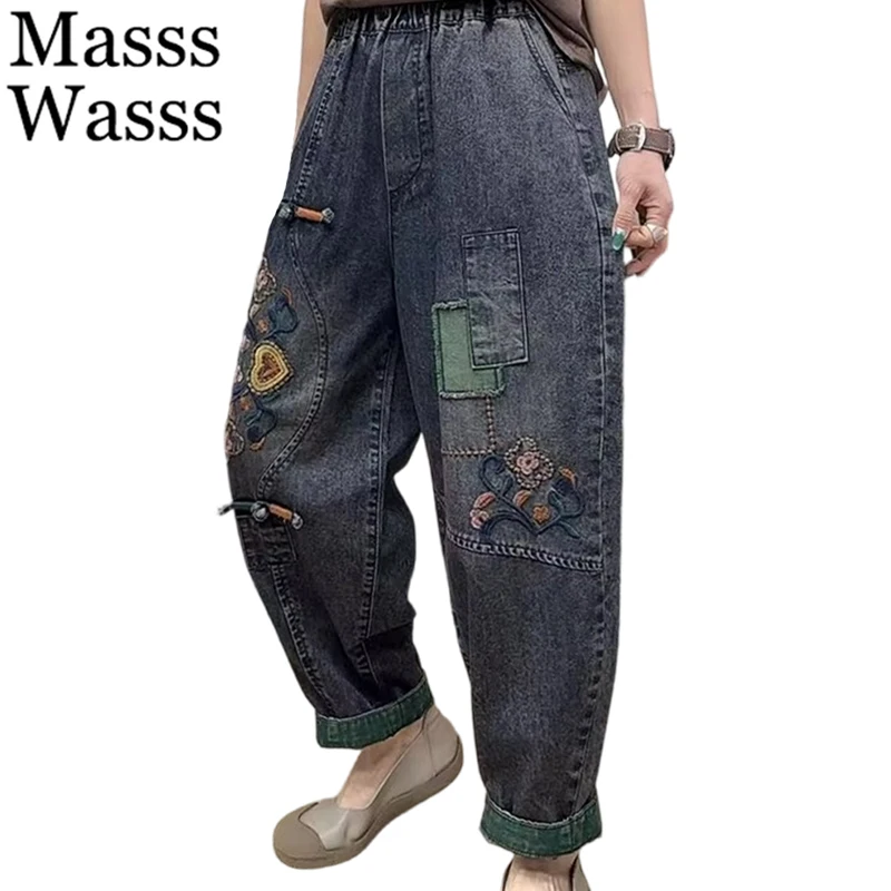 

Masss Wasss Chinese Fashion Design Womens Spring Embroidery Denim Pants Loose Vintage Casual Jeans Ladies Classic Harem Trousers