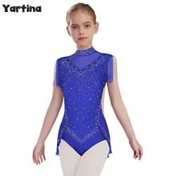 Kids Girls Sparkling Rhinestones Rhythmic Gymnastics Ballet Jersey Figure Skating Dance Leotard Costume Tassel Skirted Bodysuit