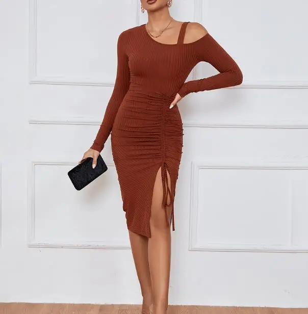 

2026 Autumn/winter Hot Women's Split Shoulder Bag Hip Long Sleeve Sexy Dress