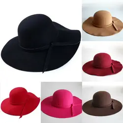 Women's Vintage Fashion Wide Brim Wool Felt Bowler Party Hat Bow Cap