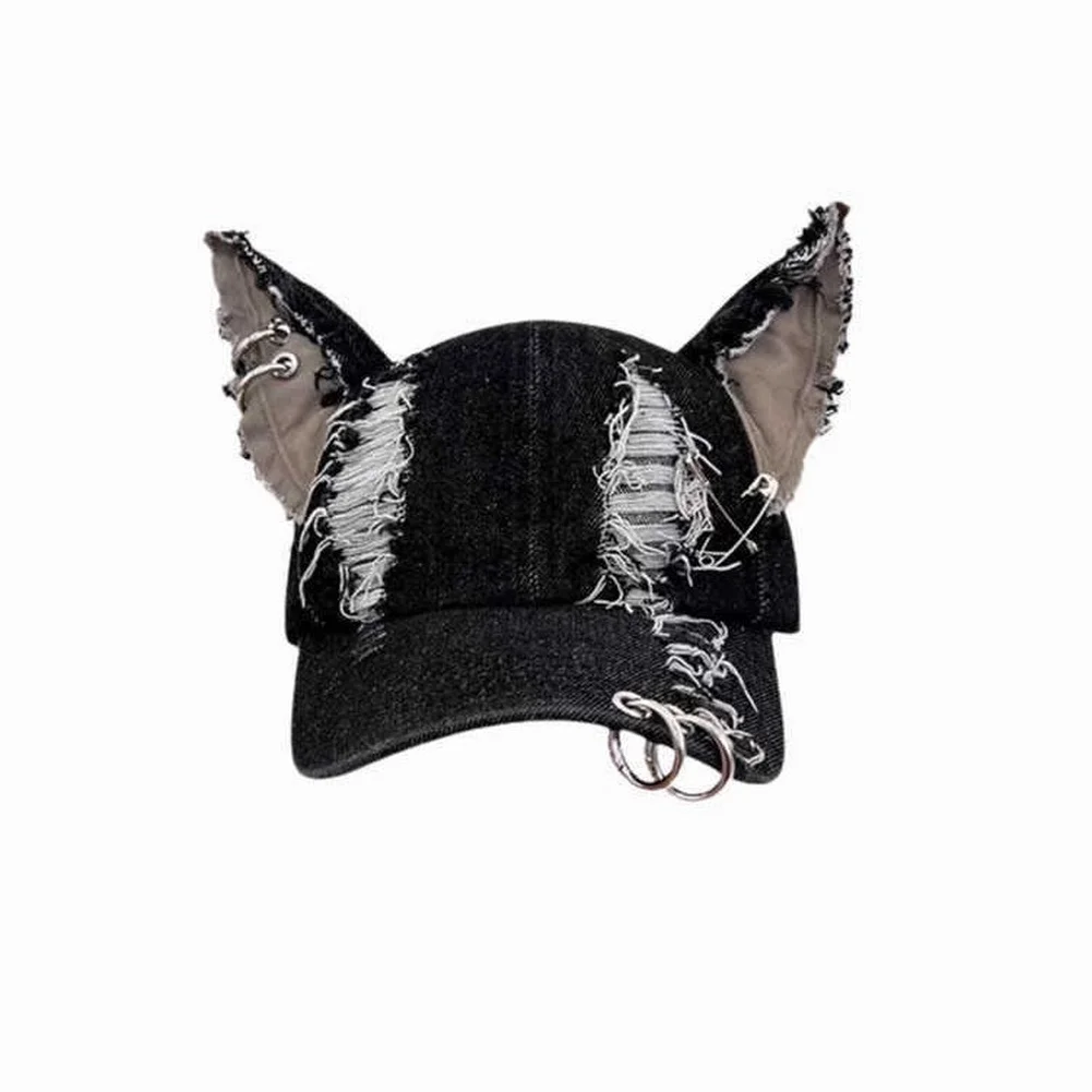 Baseball Hat for Women Featuring Distressed Cat Ears Design Metal Safety Pins and Adjustable Fit 56-58cm Polyester Cotton Mix