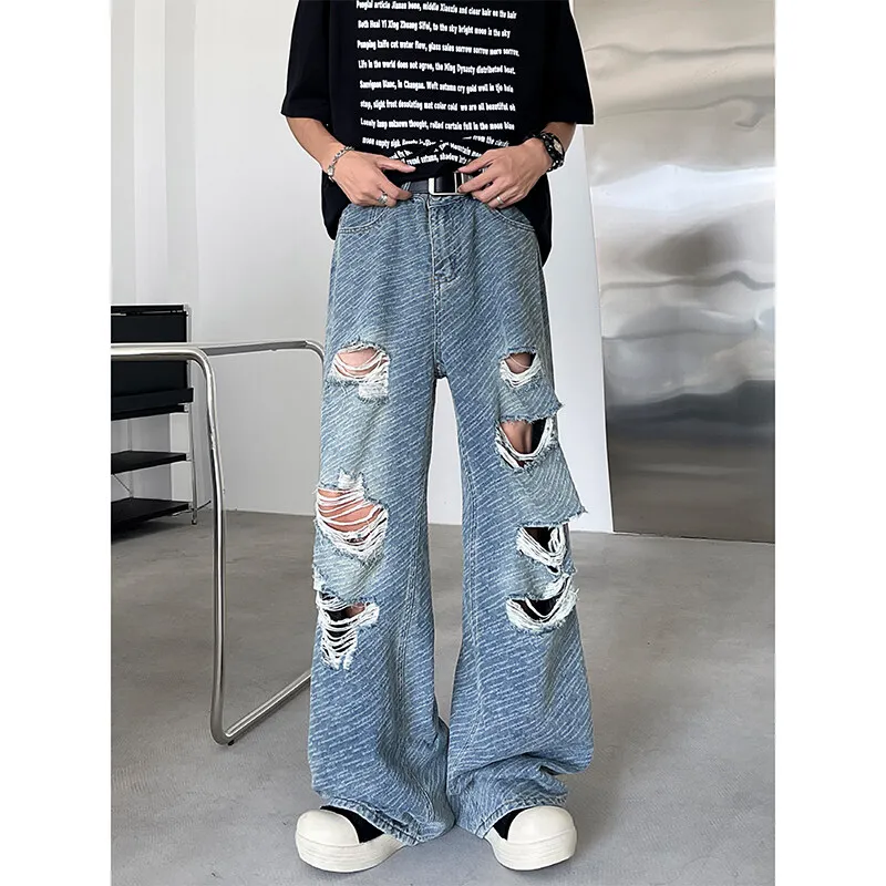 Men's Ripped Hole Jacquard Jeans 2025 Summer Thin Handsome Casual Pants Unisex High Street Straight Wide Leg Jeans Blue/Black