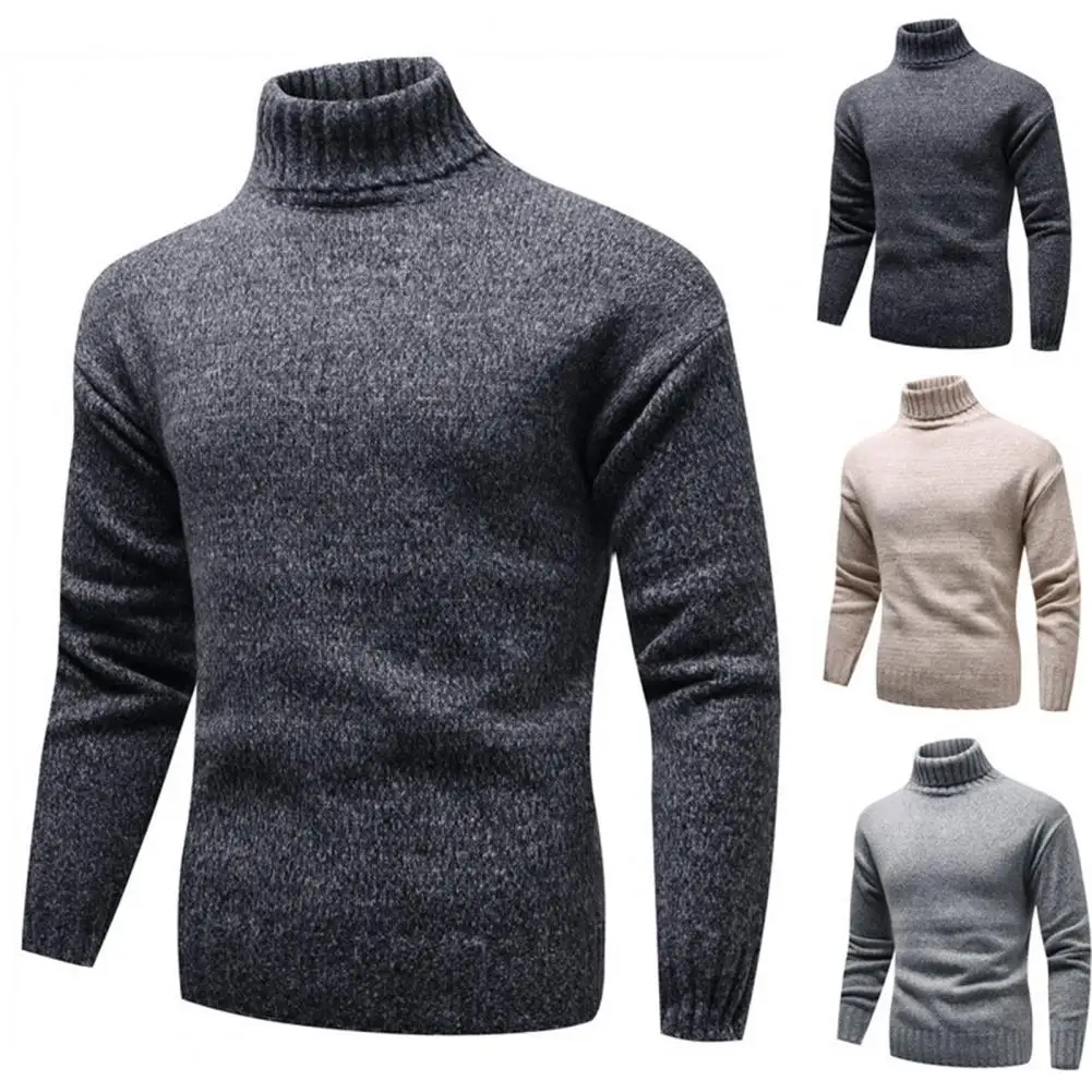 

Men Sweater Solid Color Pullover Elastic Basic Easy to Match High Collar Knitted Long Sleeve Soft Winter Sweater Daily Clothes