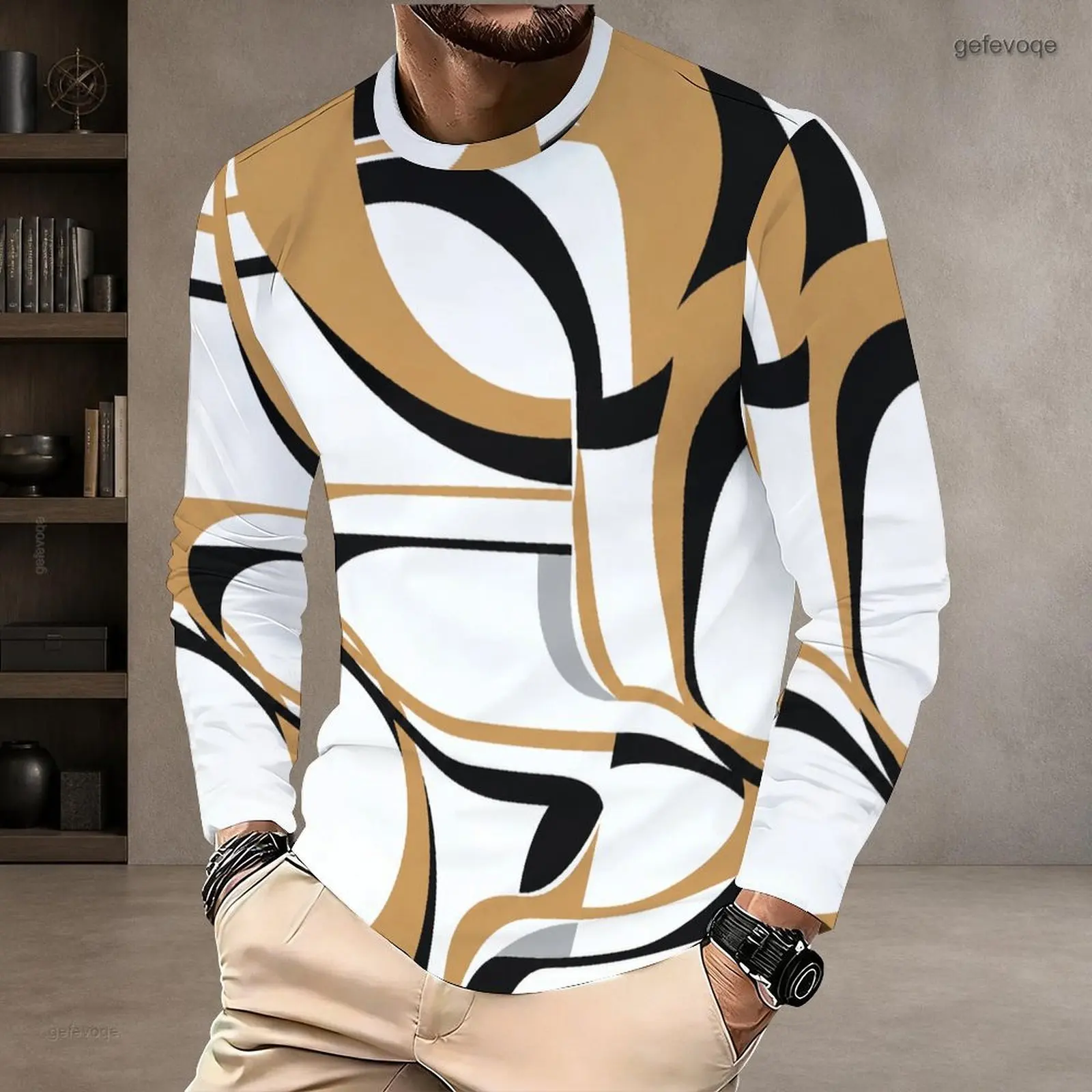 Men Abstract Curved Line Printed Round Neck Long Sleeve Pullover T-shirt White Black Golden Beige Gray