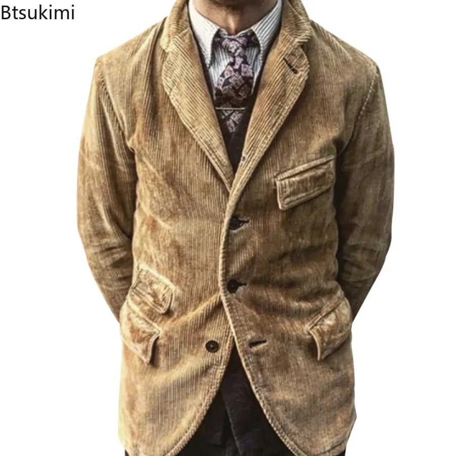 Men's Fashion Gentleman Business British Style Jackets Gentleman Corduroy Wedding Lapel Professional Casual Cardigan Jacket Male