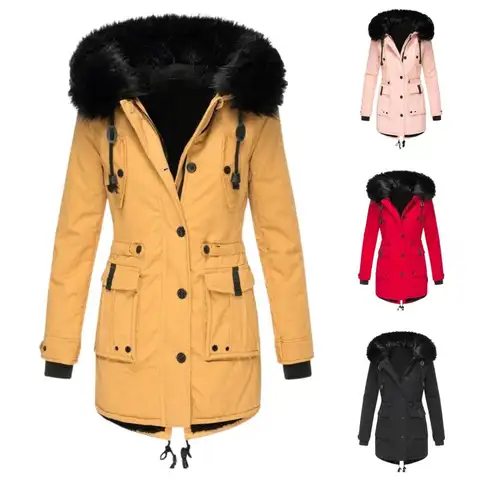 Women Long Hooded Down Jacket Plush-lined Winter Coat with Furry Hood Pockets Drawstring Parka for Plus Size Women for Weather