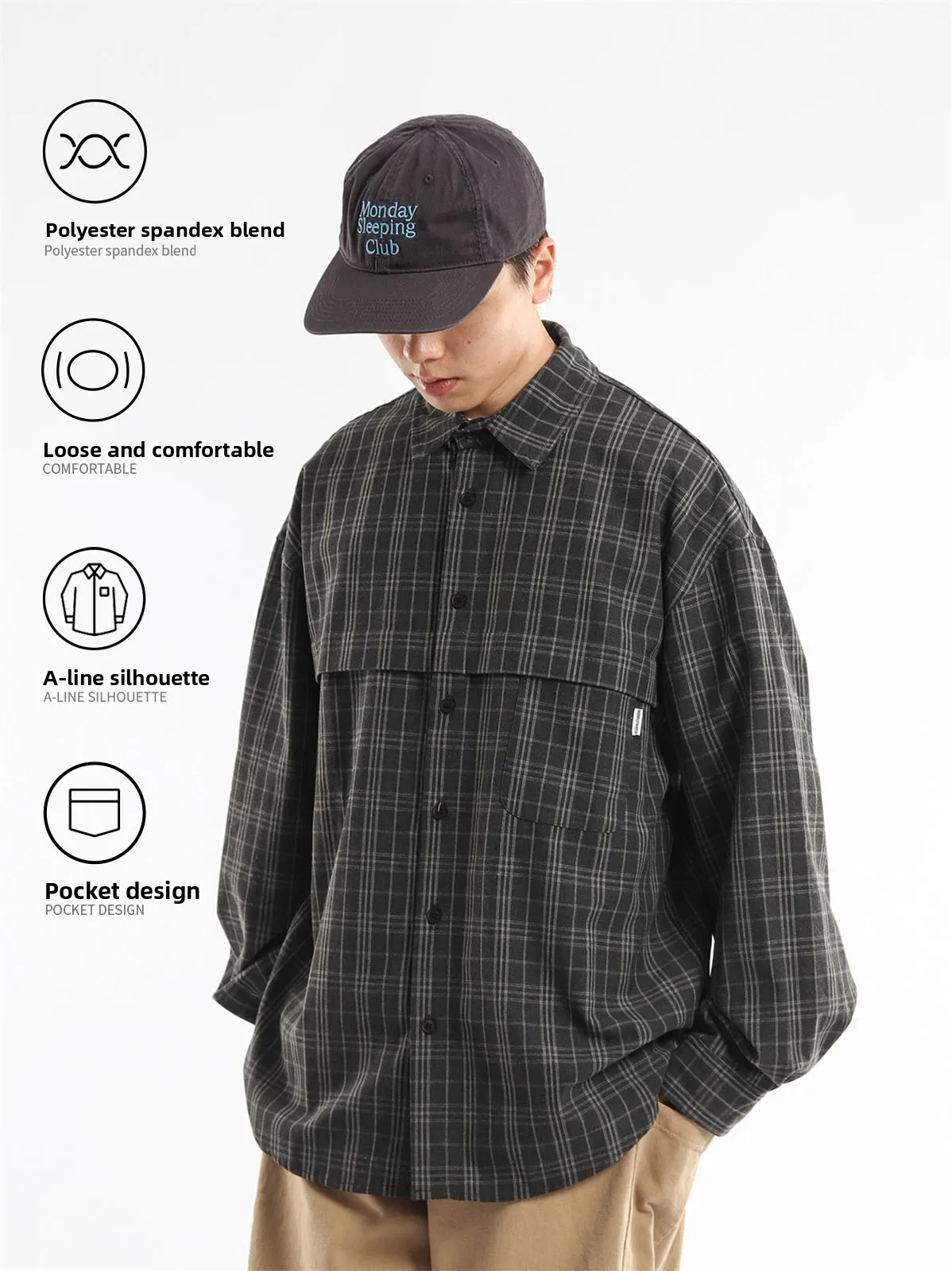 Loose Fit Men's Long Sleeve Shirt Retro Plaid Pocket Design Autumn Casual Workwear Japanese Style Breathable Polyester Blend