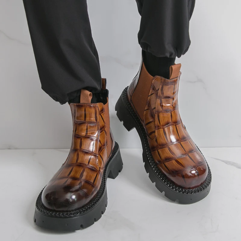 Men Chelsea Boots PU Leather High Top with Elastic Bands on Both Sides Thick Sole Solid Color Fashionable Business Men Boots