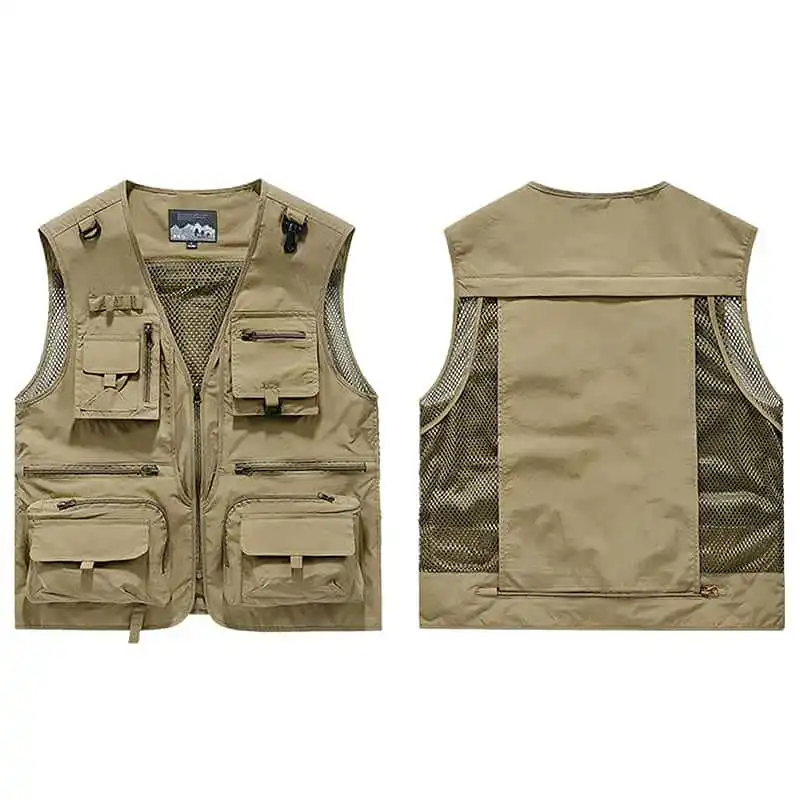 Colete de pesca funcional leve masculino com impressão de logotipo personalizado design de vários bolsos verão ao ar livre