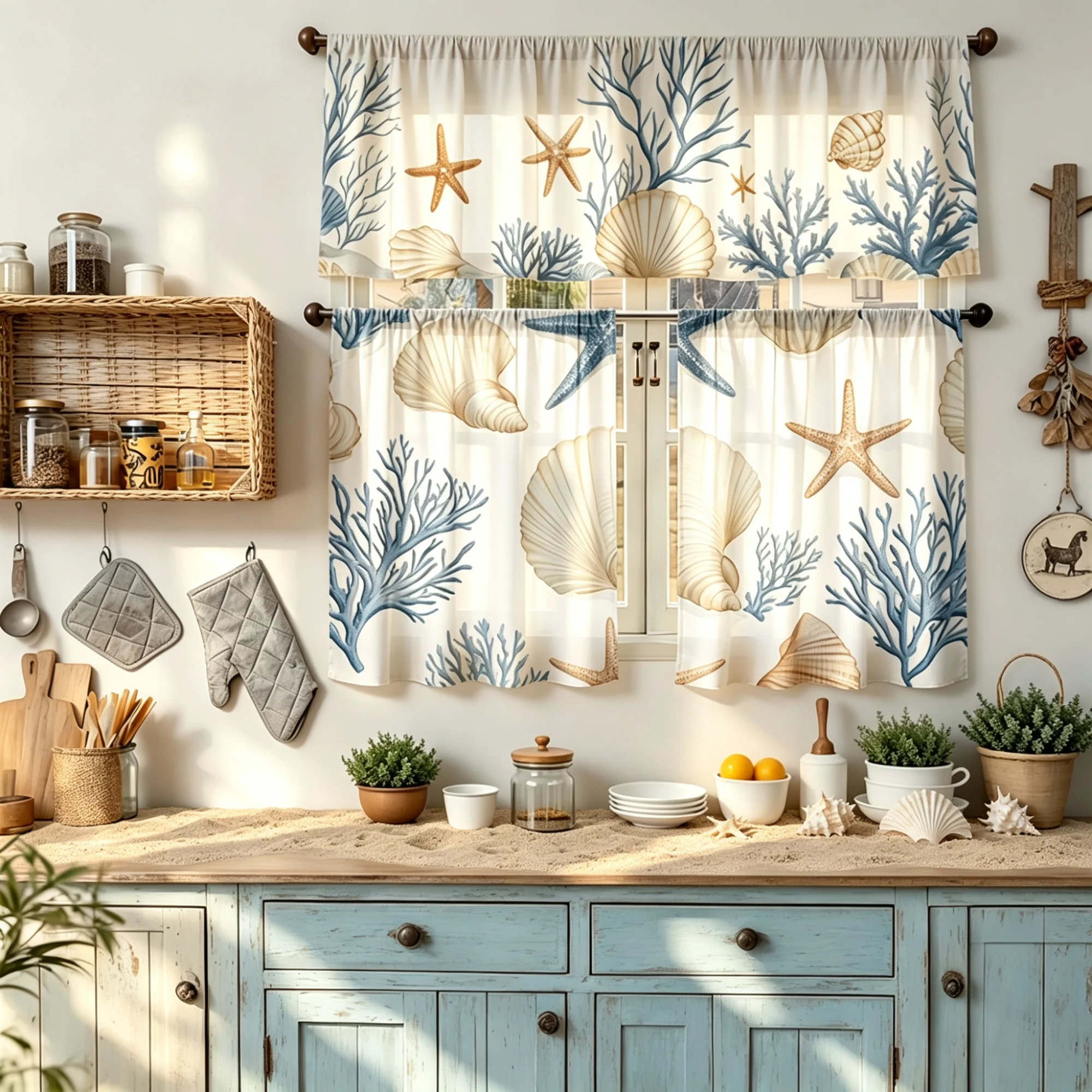 2D flat. Ocean Coral Shell Theme Curtain Set for Summer Beach Kitchen Decoration Kitchen Curtains