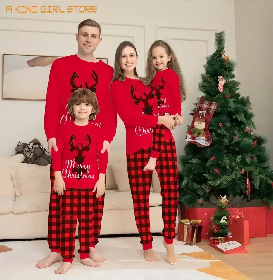 Whole Family Pjs Set Matching Xmas Christmas Pajamas Long Sleeve Deer Printed Red Black Plaid Mother Kids Mommy Daughter 2024