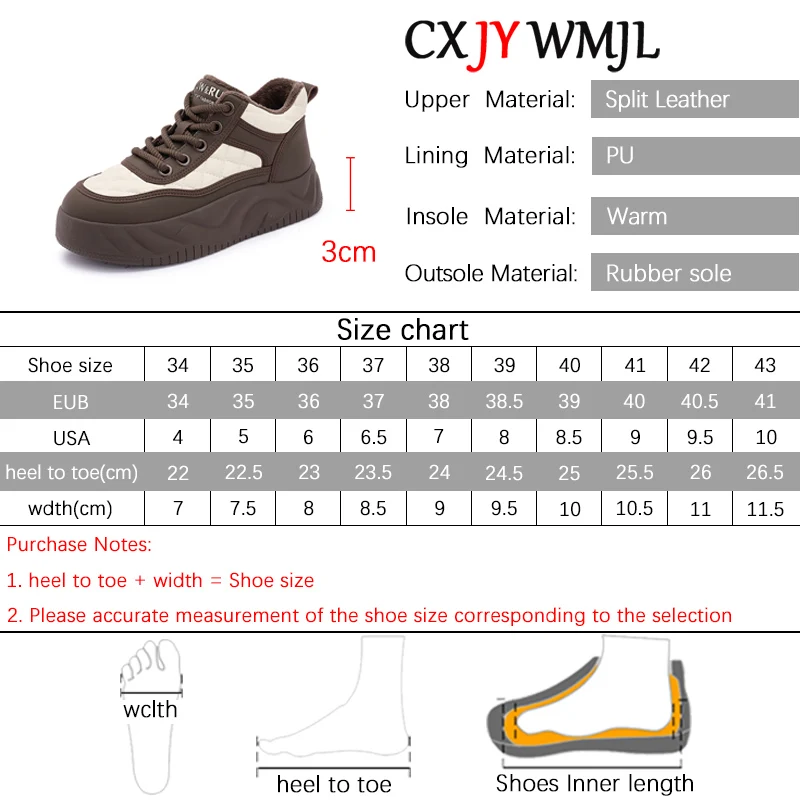 CXJYWMJL Genuine Leather Platform Sneakers Women Warm Vulcanized Shoes Ladies Thick Bottom Autumn Winter Plush Casual Shoes