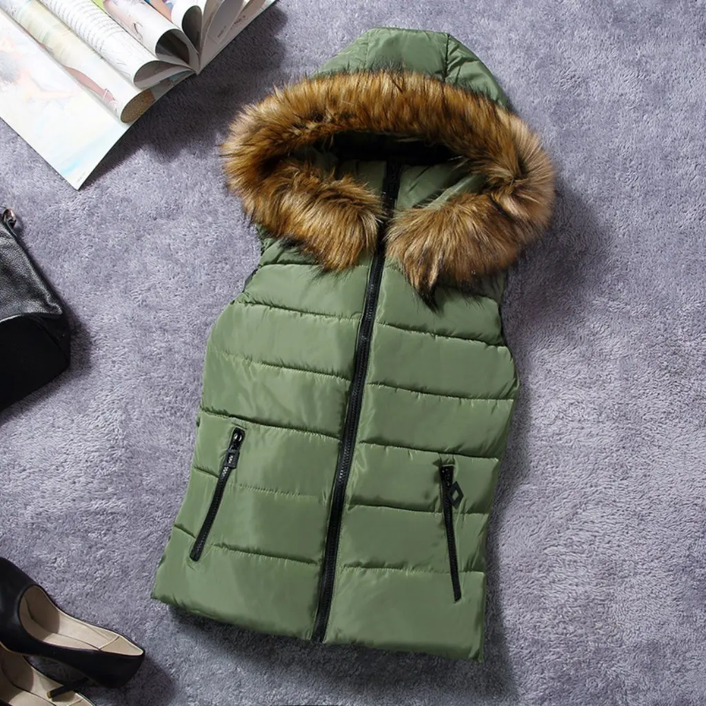 

Korean Women's Cotton Vest Autumn Winter Fashion Wool Collar Hooded Waistcoat down Jacket