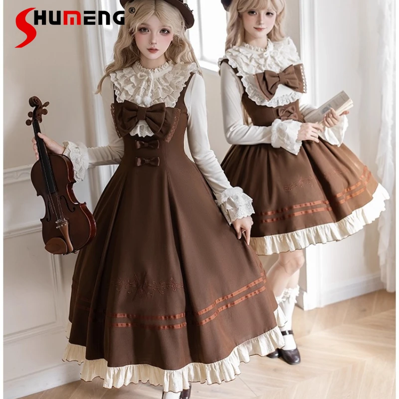 

Japanese Lolita Design Embroidered Long JSK Double Breasted Ruffled Lolita Dress Autumn Winter 2025 New Sleeveless Long Dresses