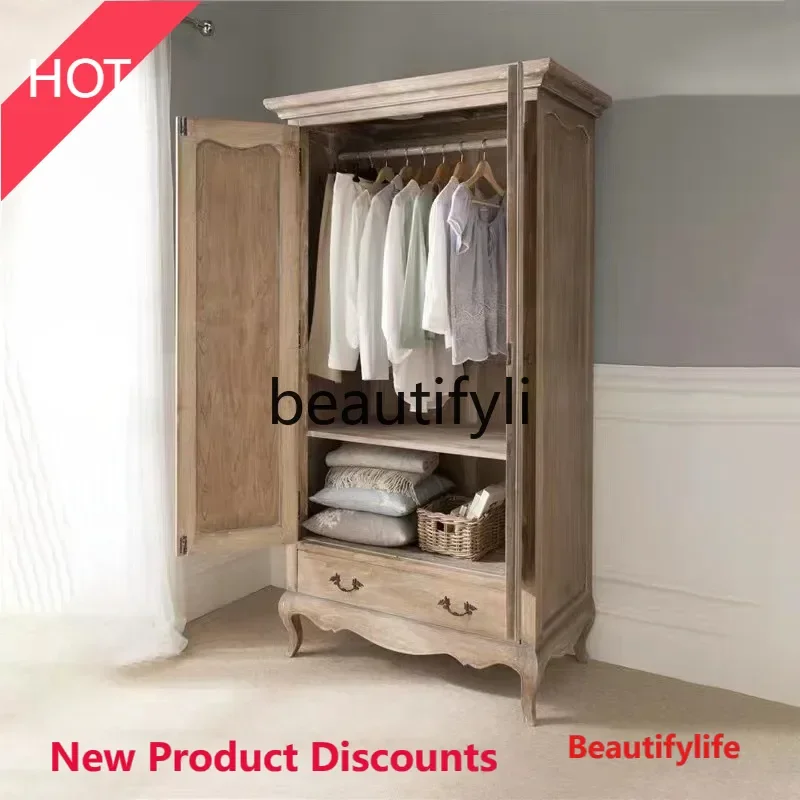 

X188 French Retro Oak Four-Door Large Wardrobe Simple American Style Bedroom Double-Door Solid Wood Wardrobe Cabinet LT