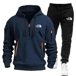 Mens Sports Hoodie Jogger Pants Set Warm Fleece Lined Sweatshirt with Zipper Pockets Long Sleeve Pullover Tracksuit for Outdoor