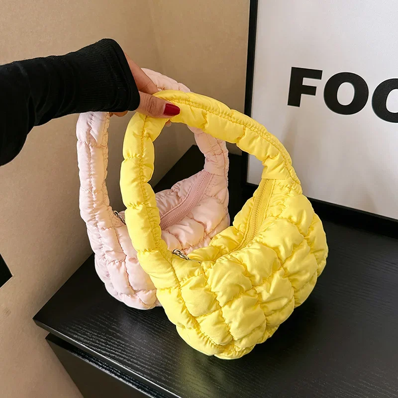 Fashion Mini Puffer Tote Bag Quilted Circle Phone Purse Elegant Purple Soft Nylon Padded Key Pouch Simple Trend Handbag