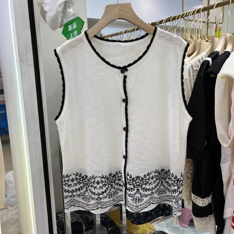 

Women Clothing Summer Fashion Casual Button Contrasting Colors O-neck Female Simplicity Elegant Appear Thin Sleeveless Cardigan