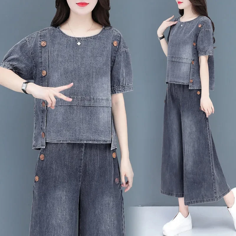 

New Summer Wide Leg Pants Suit Women Short Sleeve Pullover Denim Jacket Casual Jeans Two Piece Fashion Female Trousers Sets 3XL