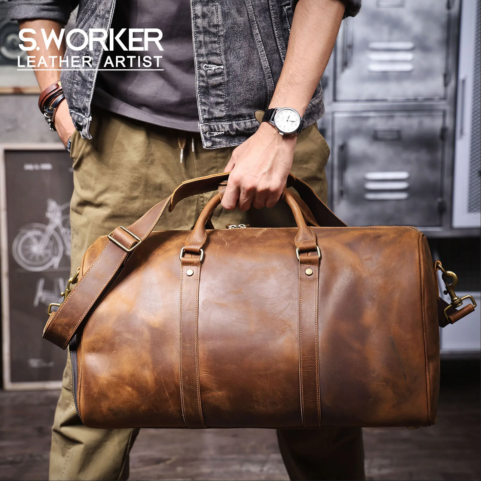 S.WORKER Vintage Vollnarbenleder Herren-Reisetasche Handgefertigte Weekender-Reisetasche – Detail 2