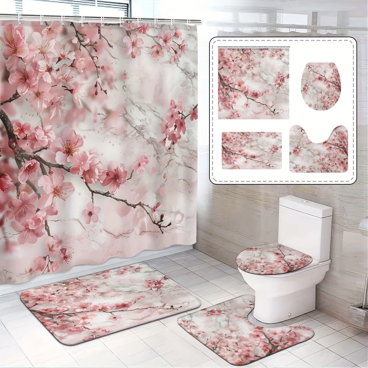 

Набор для ванной комнаты с рисунком вишни из 4 предметов включает занавеску для душа, коврик для ванной комнаты, U-образный коврик и чехол на сиденье унитаза.