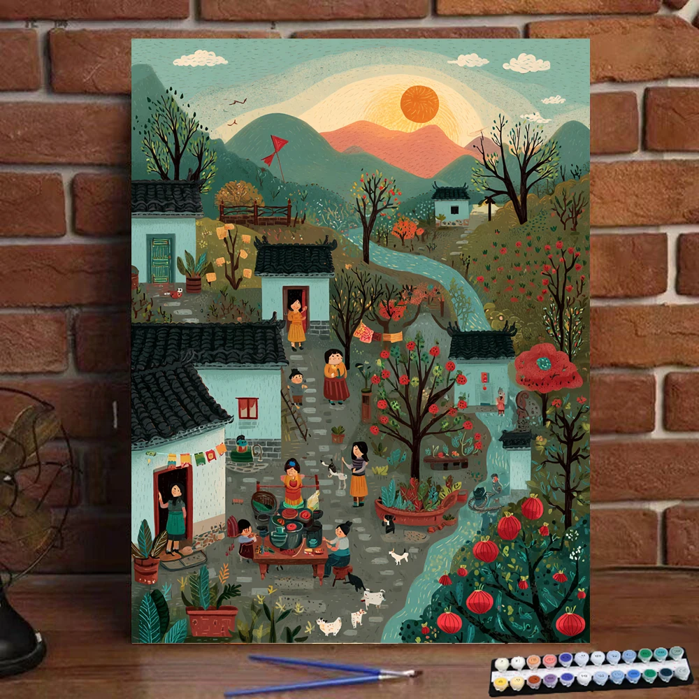 Pintura por números, un estilo de ilustración simple, pintura Digital de pueblo hecha a mano, regalo para niños y adultos, decoración de pared D