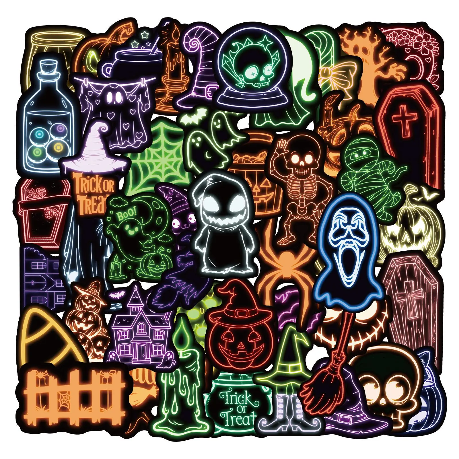 

50/100PCS Neon Style Halloween Doodle Pumpkin Ghost Skeleton Decorative Suitcase Laptop Skateboard Waterproof Sticker Kids Toy