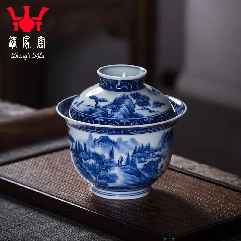 Zhongjia Kiln Jingdezhen Handmade and Hand-Painted Firewood Kiln Blue and Whitelandscape Tureen Tea Brewing Bowl Two-Piece Bowl