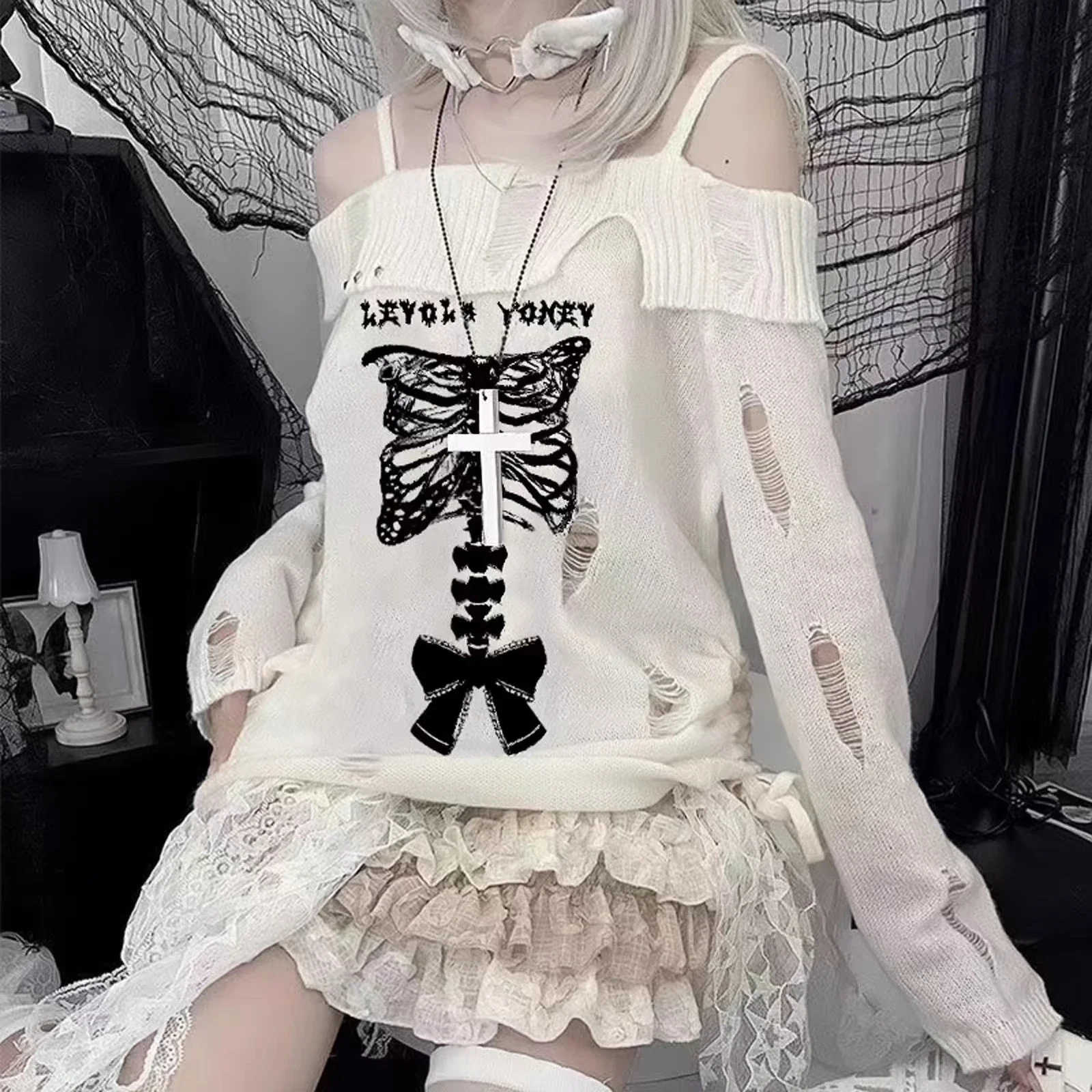 

Off The Shoulder Loose Kawaii Subculture Knitting Pullovers Hole Harajuku Knit Sweatshirts Long Sleeve Aesthetic Japanese Hoodie