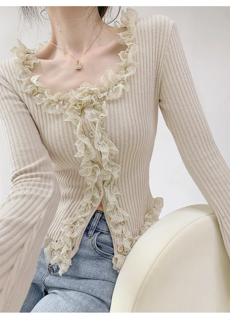2026 Quadratischer Kragen Spitzenbesatz Langarm-Strickpullover Damen Retro Kurzer Stil Schlanke Oberteile Einreihige Strickjacke – Detail 11