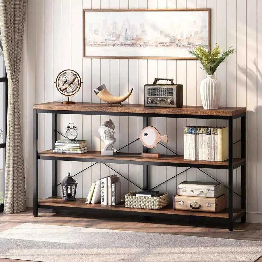 3-Tier Industrial Bookshelf, Wide Wood Horizontal Bookcase, Open Large Book Shelf With Metal Frame, Display Rack Shelving Unit,