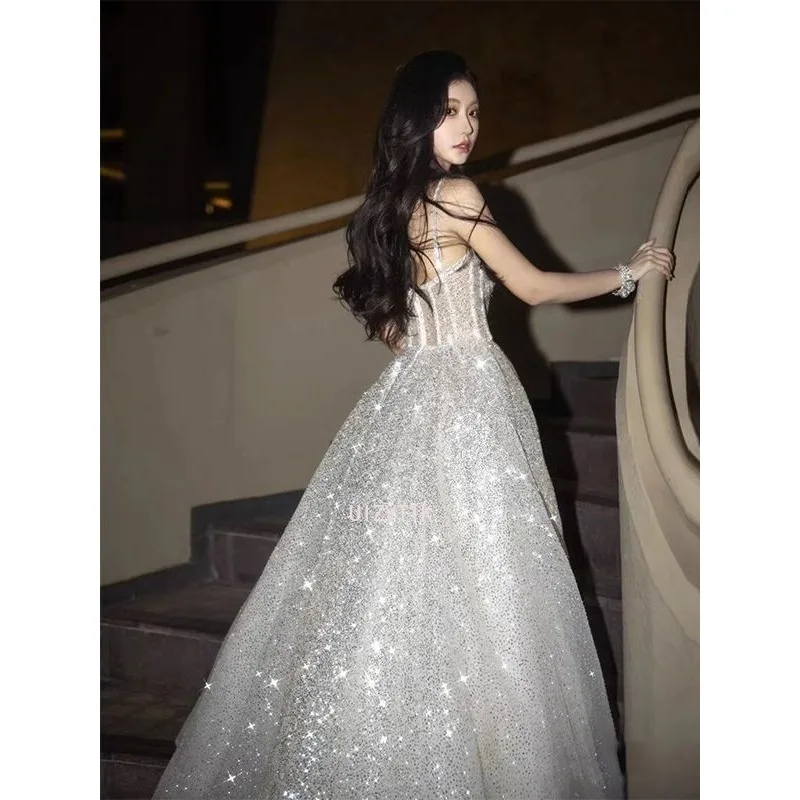 Silver Long Evening Party Gown Wedding Dresses Luxury Women Sequined Princess Style Prom Dress Elegant Formal Occasion Dress