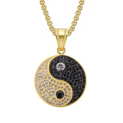 Hip Hop Iced Out Gossip Yin Yang Pendant Necklaces Gold Color Stainless Steel Round Aumlet Necklace For Men Women Jewelry Gift