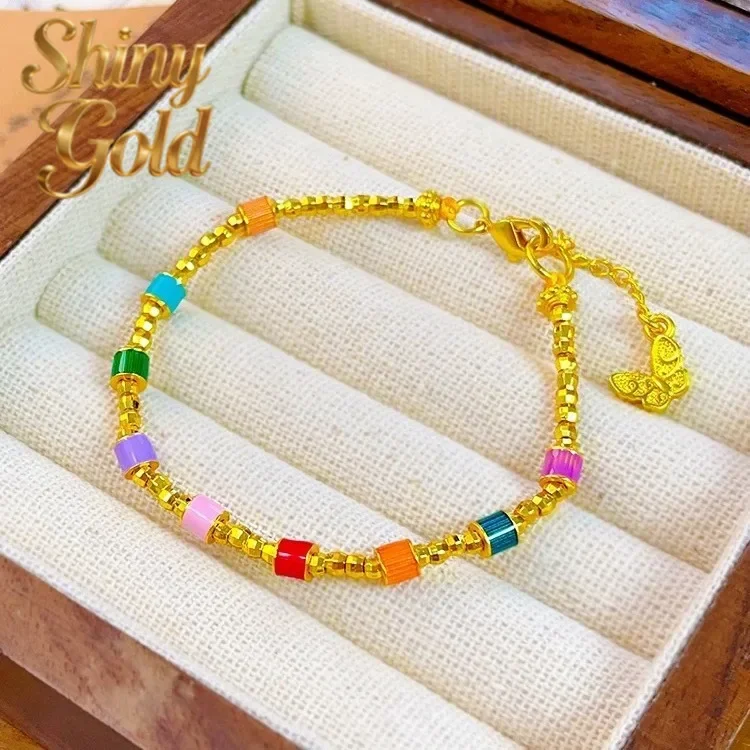 

ShinyGoldNew Chinese 9999 24K real gold burnt blue enamel Bundy Bead Rainbow bracelet diy female transfer bead bracelet gift