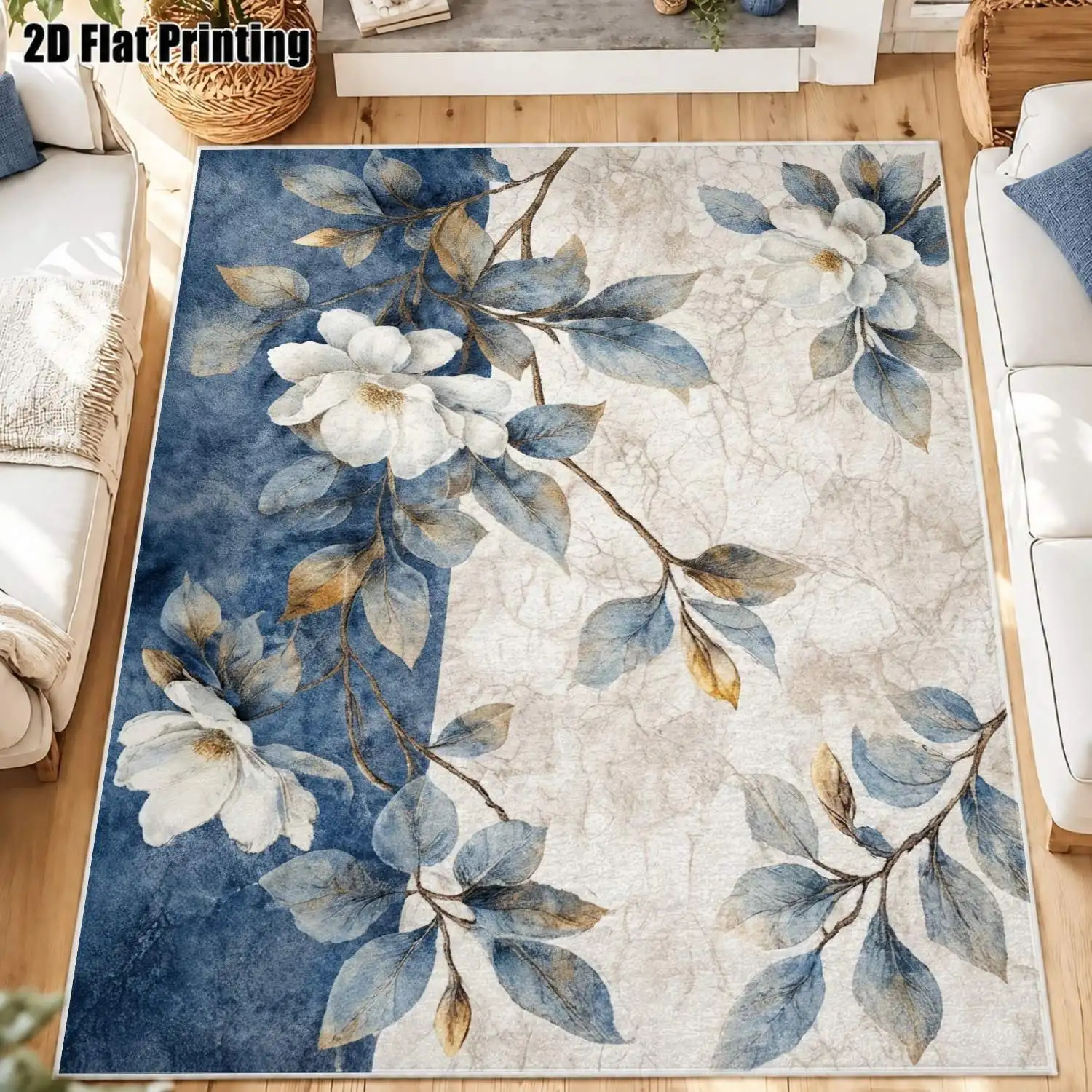 1Pc 2D Printed Blue-White Floral Velvet Carpet: Nordic/Instagram/Minimalist/European Retro Style, Multi-Scene Floor Mat, Washable, Multi-Size Home Decor
