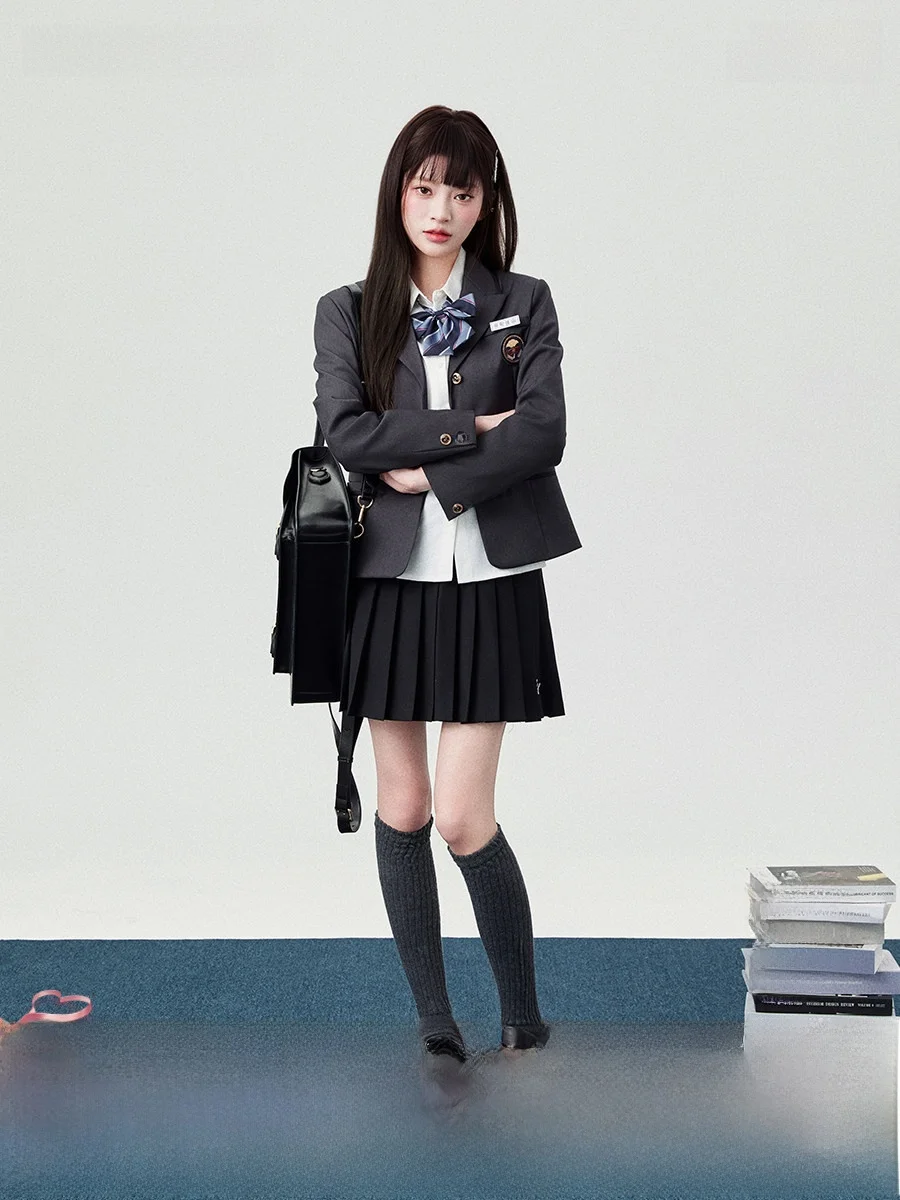 

Spring New Sle Lady Flower Bell Deep ey Long Sve Jaet Coat Women's School orm Sle Bae Embroidery Contrast Color