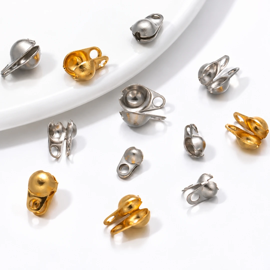 100pcs Stainless Steel Crimp End Bead Tips Knot Covers Clamshell Fold-Over Bead Cap For DIY Bracelets Necklaces Making