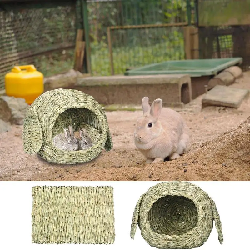 Rabbit Grass House Woven Animal Hut Bunny House Play Hideaway Hay Mat Bed Chew Toy For Rabbit Guinea Pigs Gerbils Hamster