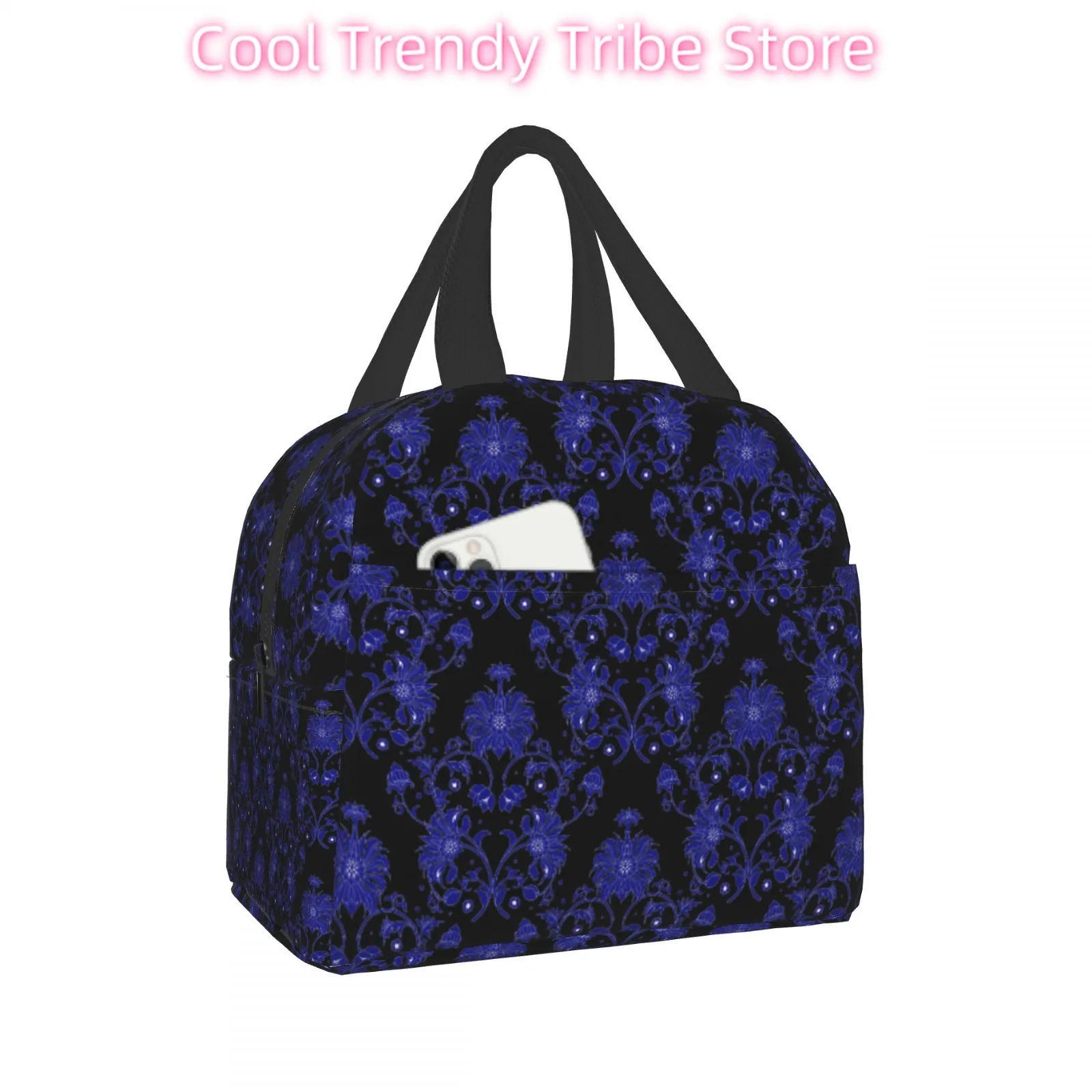 Black Lunch Bag with Blue Vintage Floral Pattern, Elegant Retro Design, Front Phone Pocket, Ideal for Daily Use, Thermal Tote