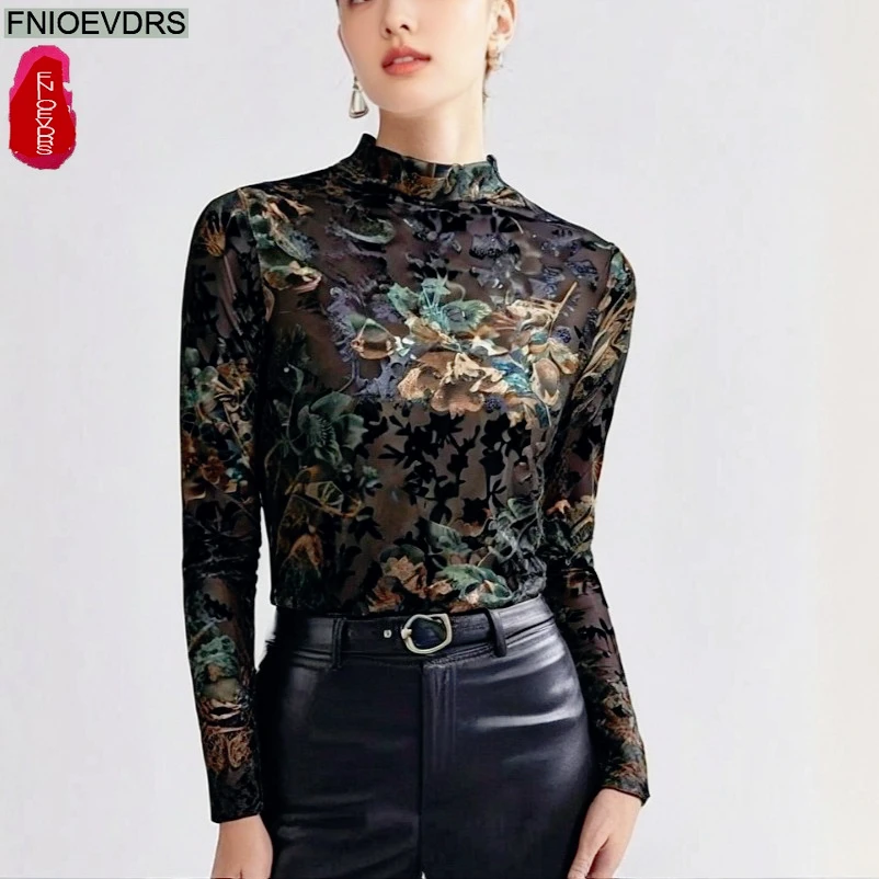 

Водолазка, блестящие прозрачные сетчатые топы, блузка, женская осенняя элегантная офисная женская рубашка с длинным рукавом в стиле ретро, винтажные базовые рубашки с цветочным принтом